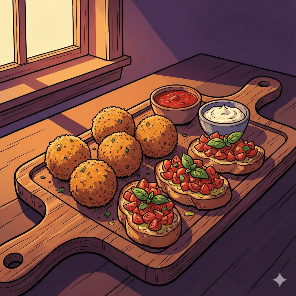 "Illustration of a platter with arancini balls and tomato bruschetta, representing appetisers and starter recipes."