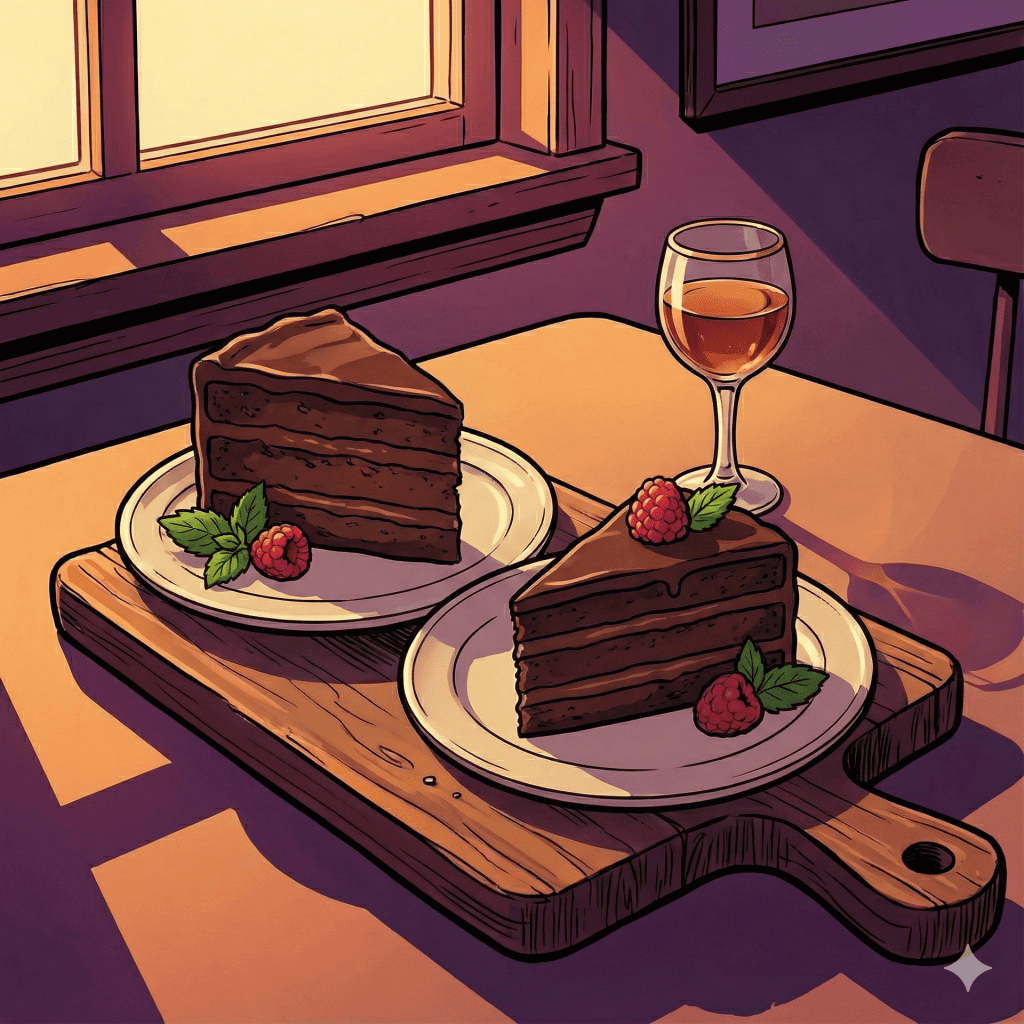"Illustration of a rich slice of chocolate layer cake, representing sweet dessert and baking recipes."