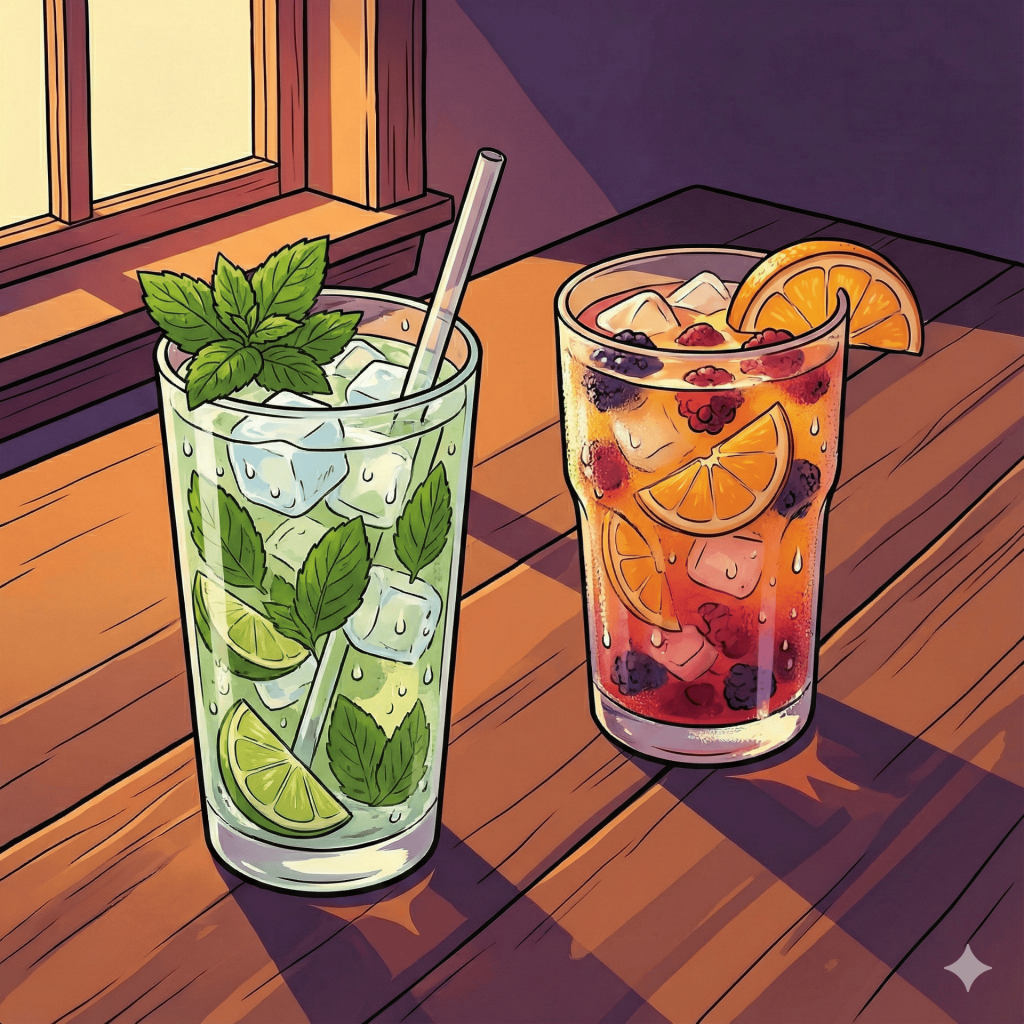 "Illustration of refreshing cocktails and fruit drinks on a bar top, representing beverage recipes."