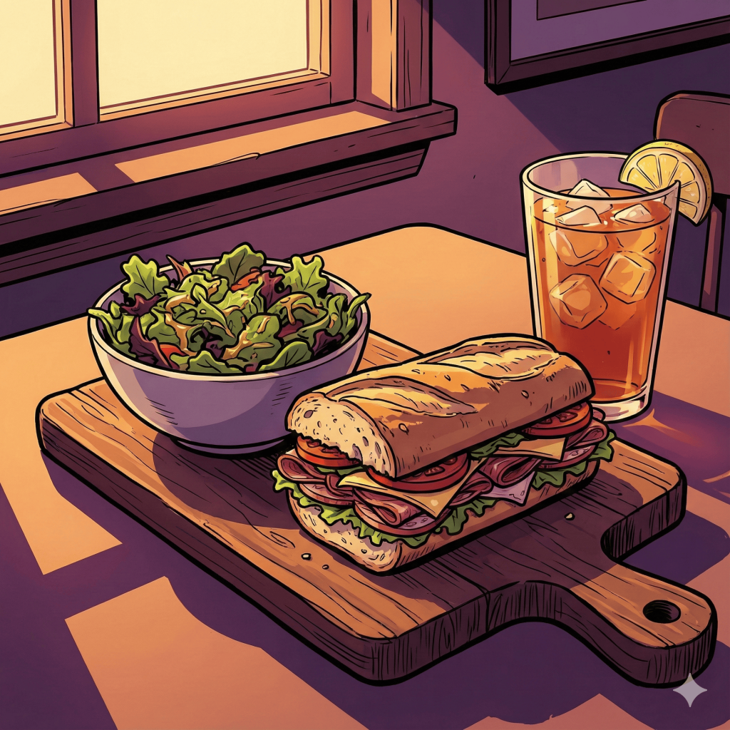 "Illustration of a loaded baguette sandwich and fresh salad bowl, representing easy lunch ideas."
