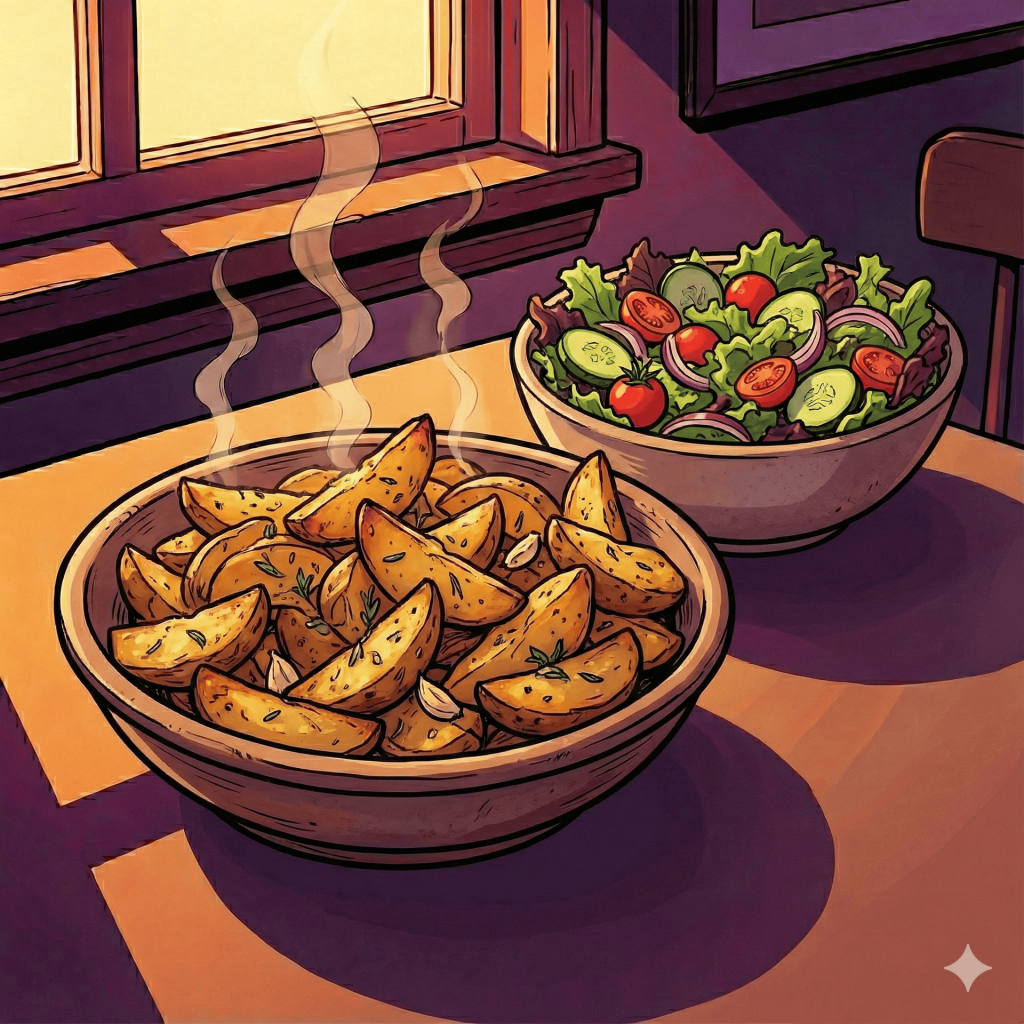 "Illustration of crispy roasted potatoes and a green salad bowl, representing side dish recipes."