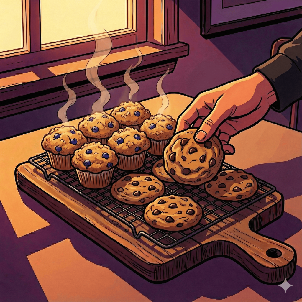 "Illustration of homemade muffins and cookies on a cooling rack, representing snack and biscuit recipes."