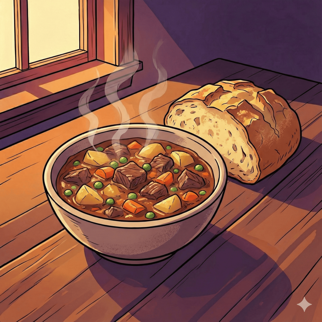 "Illustration of a hot bowl of beef stew served with crusty bread, representing soup and stew recipes."