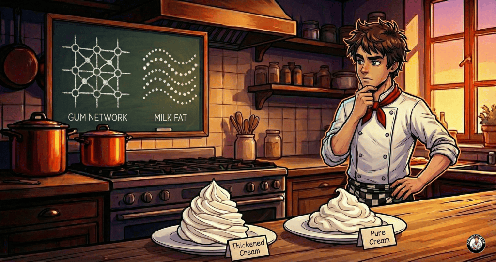 An illustrated chef in a kitchen looks thoughtfully at two plates of whipped cream. The left plate features stiff, perfectly piped "Thickened Cream," while the right plate holds a softer mound of "Pure Cream." A chalkboard behind him diagrams the scientific structures of a "Gum Network" and "Milk Fat."