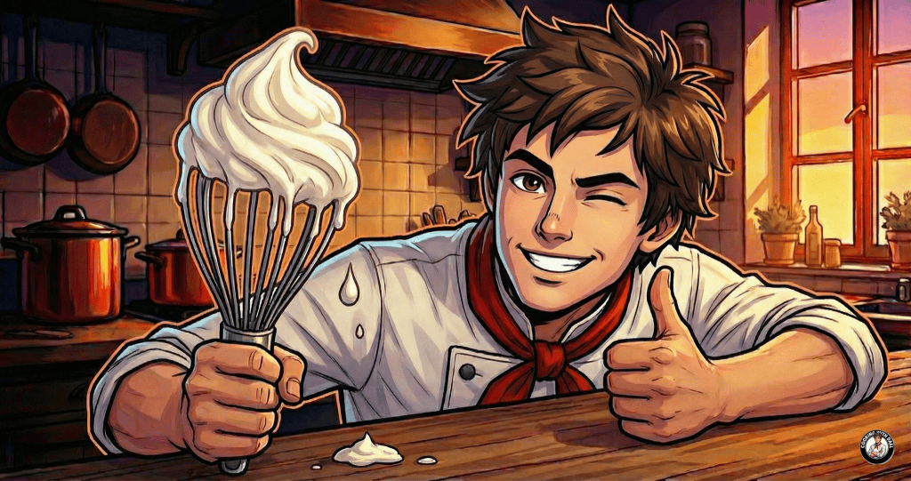 Chef Dael leaning happily on the wooden island bench, holding a whisk dripping with beautifully stiff whipped cream, giving a confident thumbs-up.